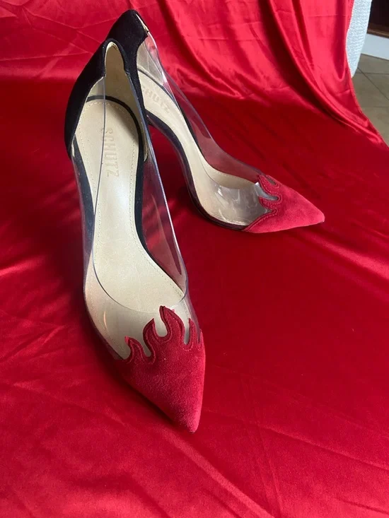 SCHUTZ Red Suede and Black Clear-Panel Stilettos - Picture 6 of 6